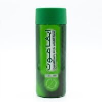 Home Eva Foot deodorant powder green plastic bottle with a matching green cap, featuring Arabic product text and a circular graphic of a foot outline on a white background.