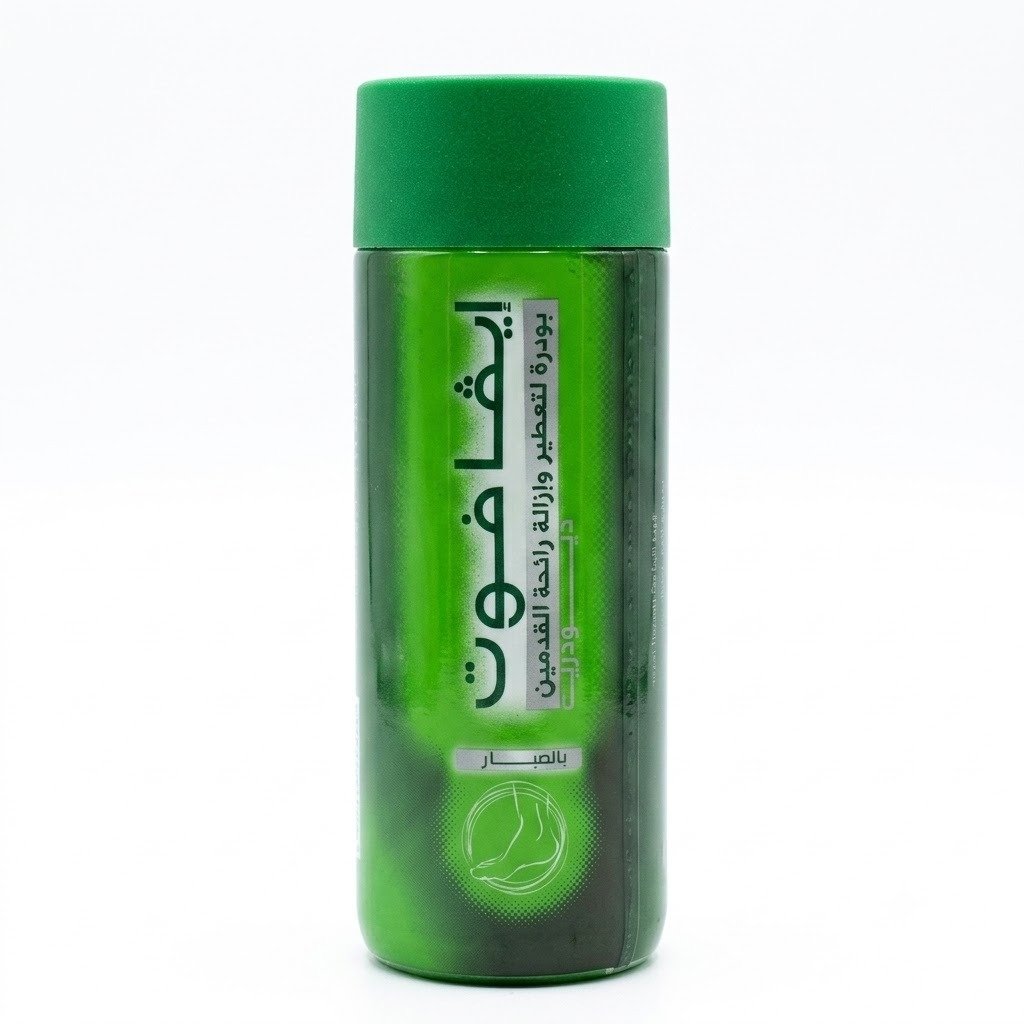eva-foot-deodorant-powder-with-aloe-vera-antiperspirant Eva Foot deodorant powder green plastic bottle with a matching green cap, featuring Arabic product text and a circular graphic of a foot outline on a white background.