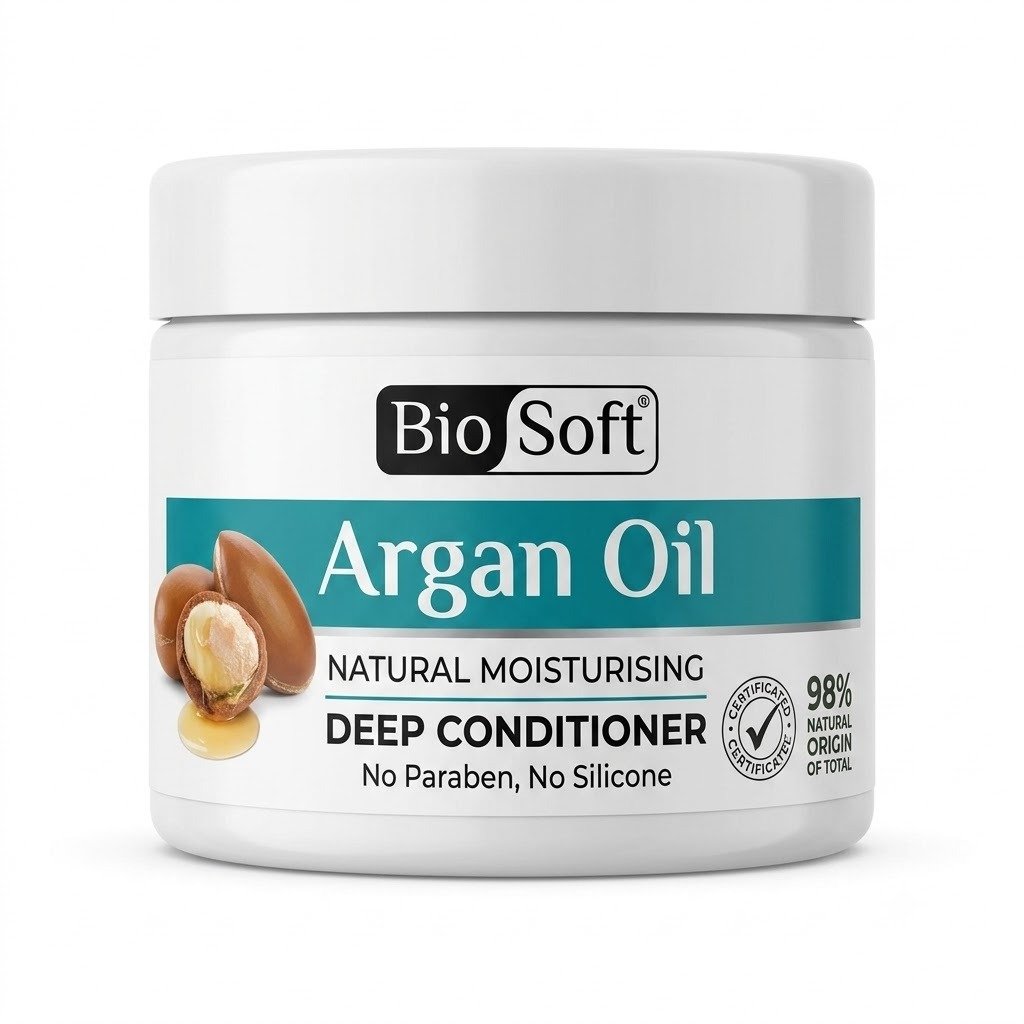 حمام كريم بيو سوفت بجوز الهند للترطيب العميق (خالي من السلفات) - Bio Soft Coconut Deep Conditioner Bio Soft Argan Oil Natural Moisturising Deep Conditioner jar featuring a white label with a teal band, a graphic illustration of argan nuts with dripping oil, and "No Paraben, No Silicone" text on a white background.