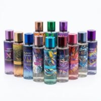 Might Cinema body mist spray four pieces collection featuring Carol Touch of Gold, Kale, Rose Meris, and Lovely fragrance variants.