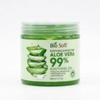Home Bio Soft Aloe Vera 99% Soothing Gel in a clear green 200 ml plastic jar with a transparent screw-on lid, featuring an illustration of sliced aloe vera leaves on a pale green label.