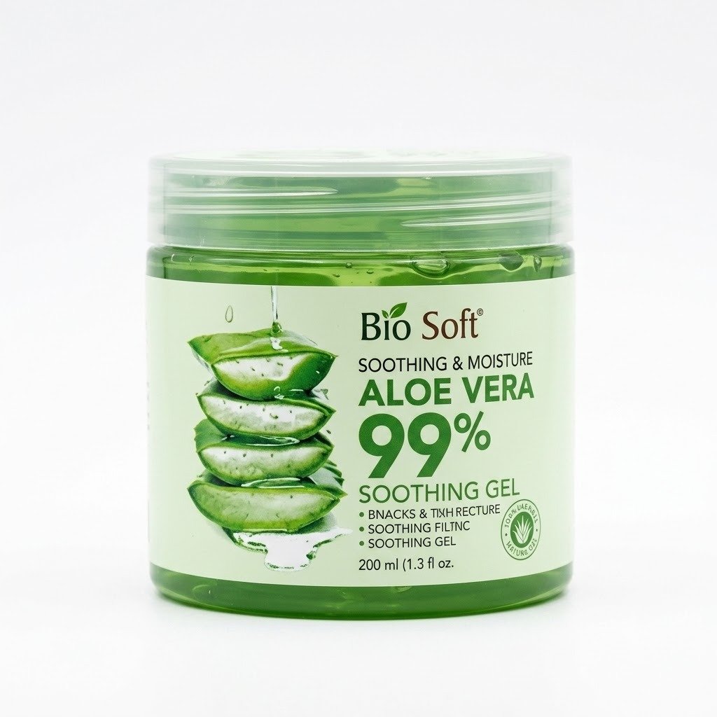bio-soft-aloe-vera-99-percent-soothing-gel-200ml Bio Soft Aloe Vera 99% Soothing Gel in a clear green 200 ml plastic jar with a transparent screw-on lid, featuring an illustration of sliced aloe vera leaves on a pale green label.