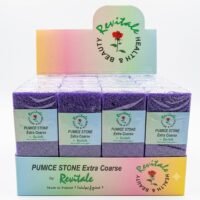 Home Revitale Extra Coarse purple pumice stones arranged inside a pastel rainbow retail display box featuring a red rose logo and "Made in Poland" text.