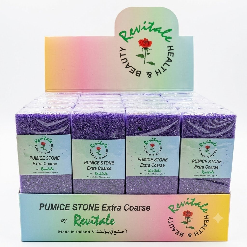 revitale-pumice-stone-extra-coarse-foot-callus-remover Revitale Extra Coarse purple pumice stones arranged inside a pastel rainbow retail display box featuring a red rose logo and "Made in Poland" text.