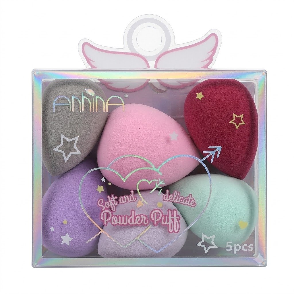 طقم إسفنجات مكياج وبيوتي بلندر ناعمة من ألينا Anina (5 قطع) Anina Soft and Delicate Makeup Sponge Powder Puff Set (5 Pcs) Anhina 5 pieces soft and delicate powder puff and makeup blending sponge set in a clear box with holographic details.