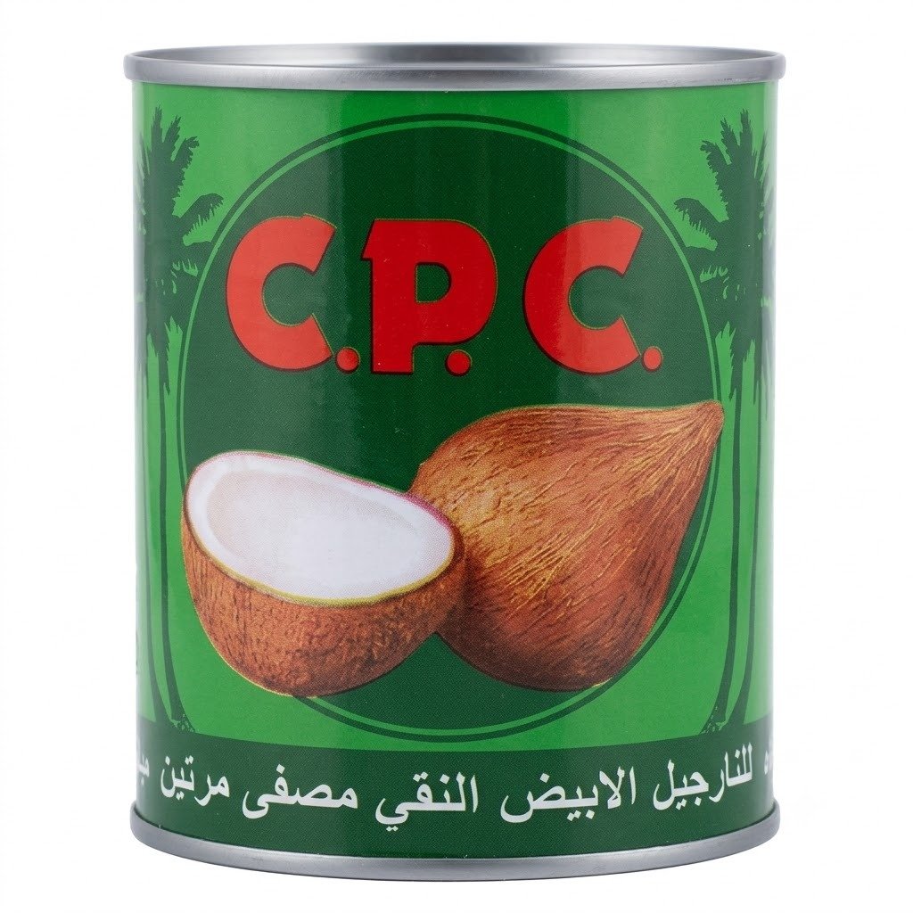 cpc-pure-white-coconut-oil-tin-can C.P.C. pure white coconut oil in a green tin can featuring a whole and halved coconut graphic with Arabic text at the bottom.