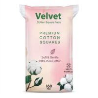 Velvet premium cotton square pads 160 pieces pack for skincare and makeup removal featuring soft pink packaging with cotton plant illustrations.