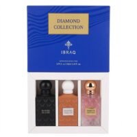 Ibraq Diamond Collection set of 3 natural spray perfume bottles in a white presentation tray below a dark blue box cover with a gold label, featuring matte black, tan, and transparent pink quilted-textured bottles.
