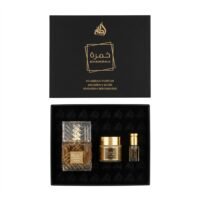 Lattafa Khamrah luxury fragrance gift set featuring Khamrah Parfum, Khamrah Musk jar, and Khamrah Makhmaria oil in a premium black and gold presentation box.