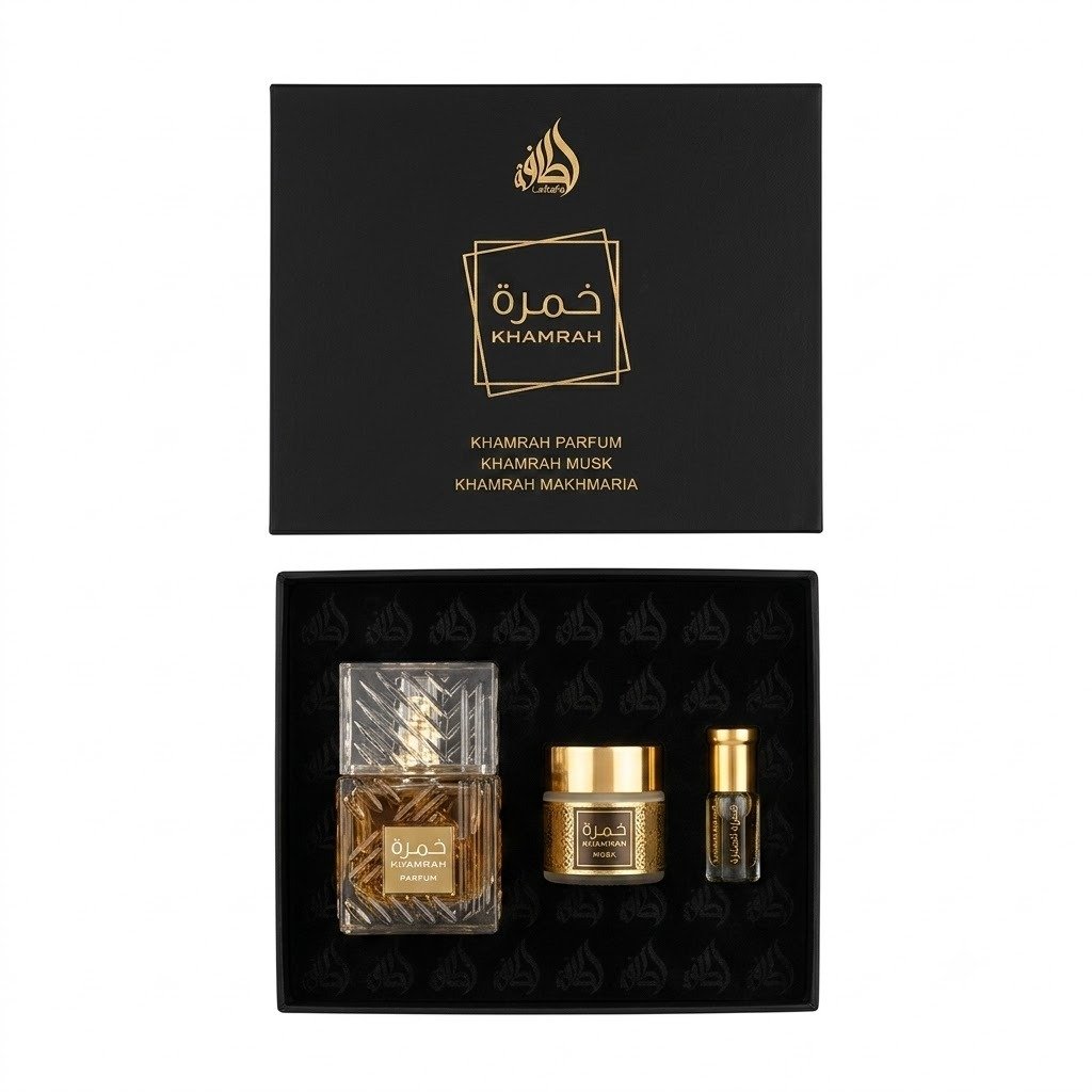 lattafa-khamrah-fragrance-gift-set Lattafa Khamrah luxury fragrance gift set featuring Khamrah Parfum, Khamrah Musk jar, and Khamrah Makhmaria oil in a premium black and gold presentation box.
