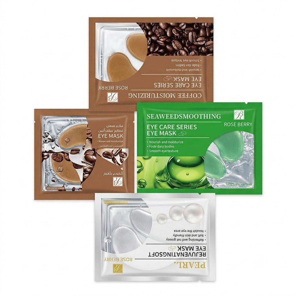 rose-berry-hydrogel-eye-mask-sachets-mix Rose Berry hydrogel eye mask sachets bundle featuring Coffee Moisturizing, Seaweed Smoothing, and Pearl Rejuvenating Soft variants with view windows showing the under-eye patches.